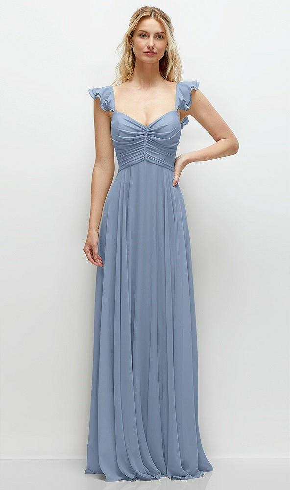 convertible ruffle strap chiffon maxi dress with full circle skirt