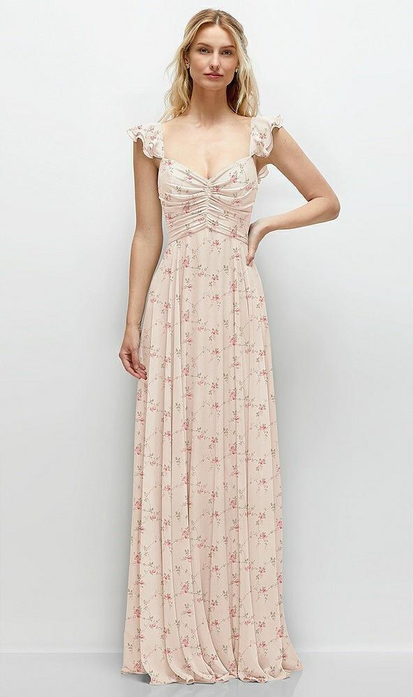 convertible ruffle strap chiffon maxi dress with full circle skirt
