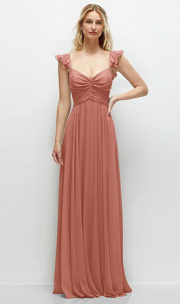 convertible ruffle strap chiffon maxi dress with full circle skirt