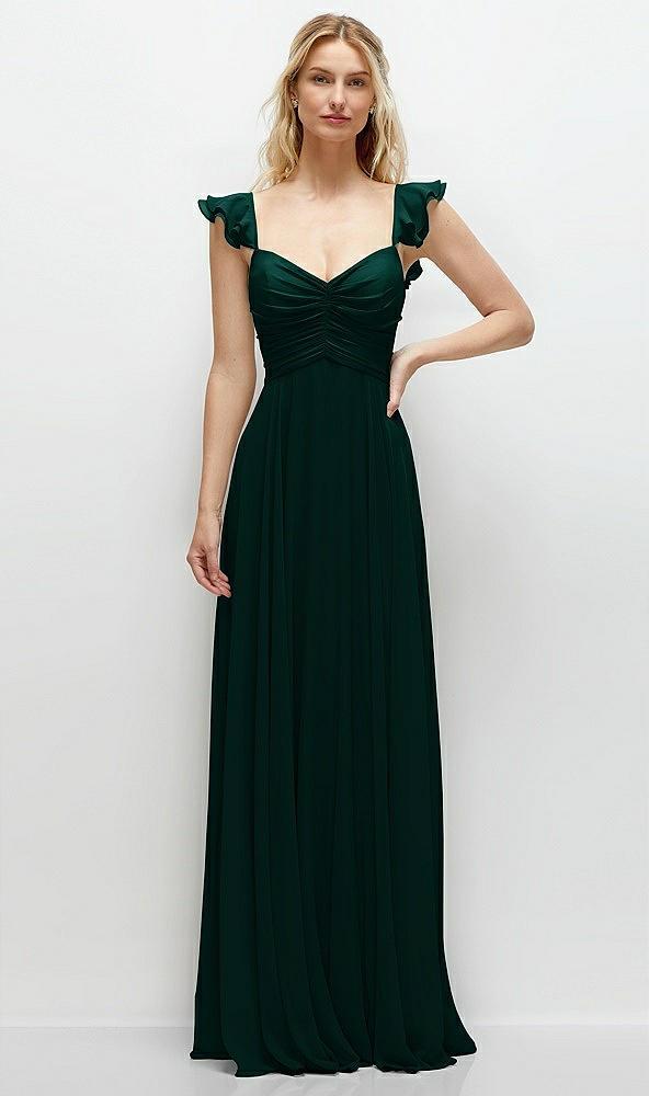 convertible ruffle strap chiffon maxi dress with full circle skirt