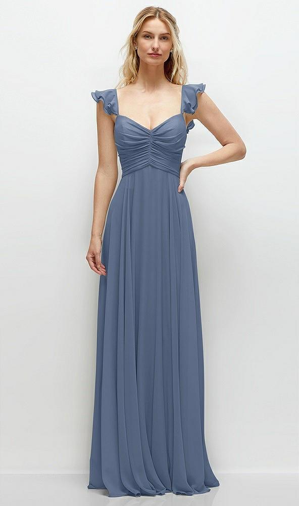 convertible ruffle strap chiffon maxi dress with full circle skirt