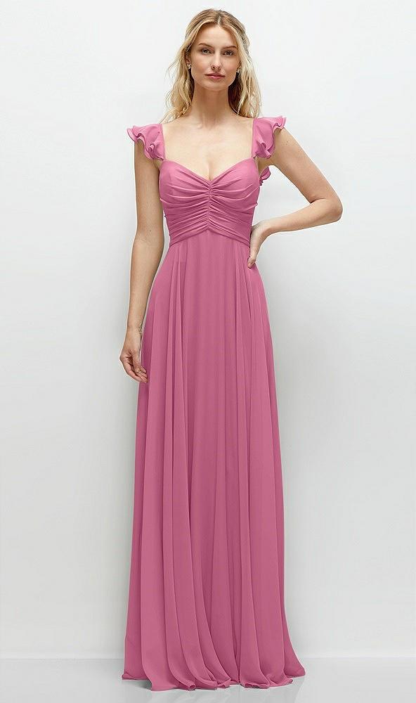 convertible ruffle strap chiffon maxi dress with full circle skirt