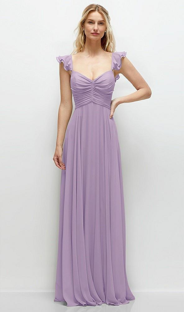 convertible ruffle strap chiffon maxi dress with full circle skirt