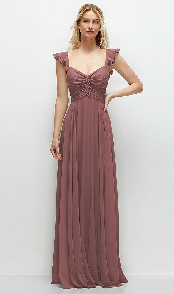 convertible ruffle strap chiffon maxi dress with full circle skirt