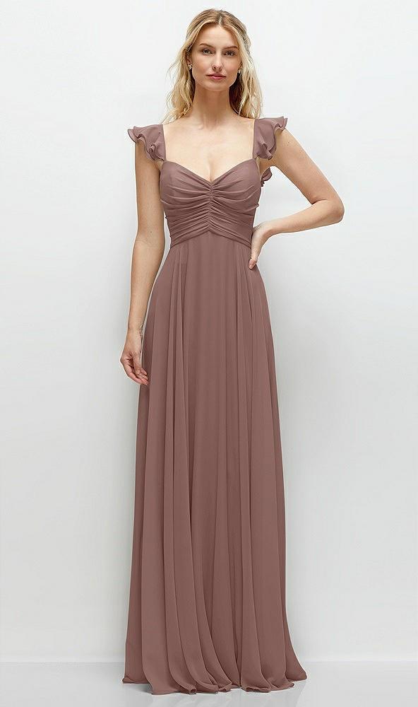 convertible ruffle strap chiffon maxi dress with full circle skirt