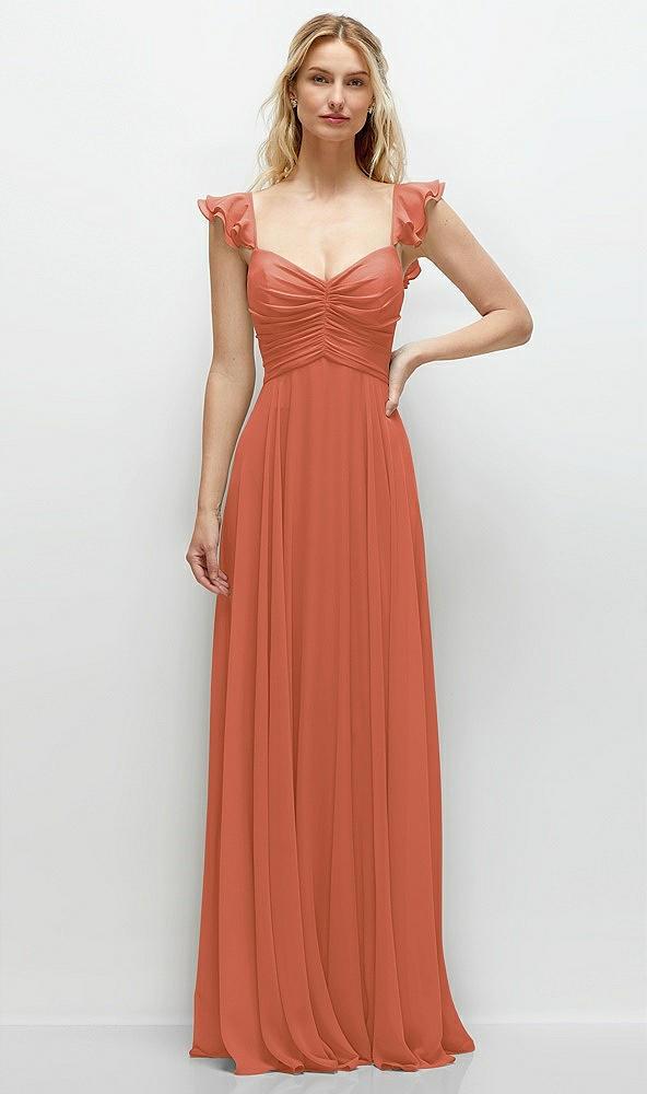convertible ruffle strap chiffon maxi dress with full circle skirt