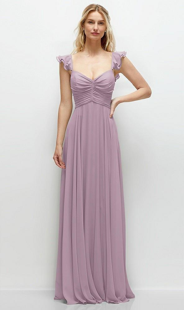 convertible ruffle strap chiffon maxi dress with full circle skirt