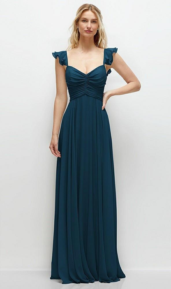convertible ruffle strap chiffon maxi dress with full circle skirt