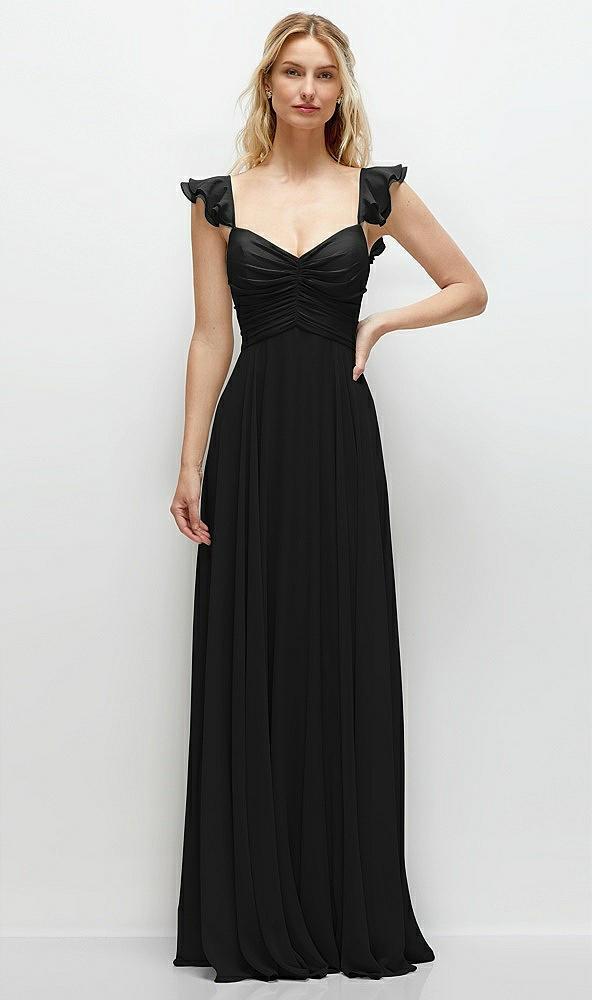 convertible ruffle strap chiffon maxi dress with full circle skirt