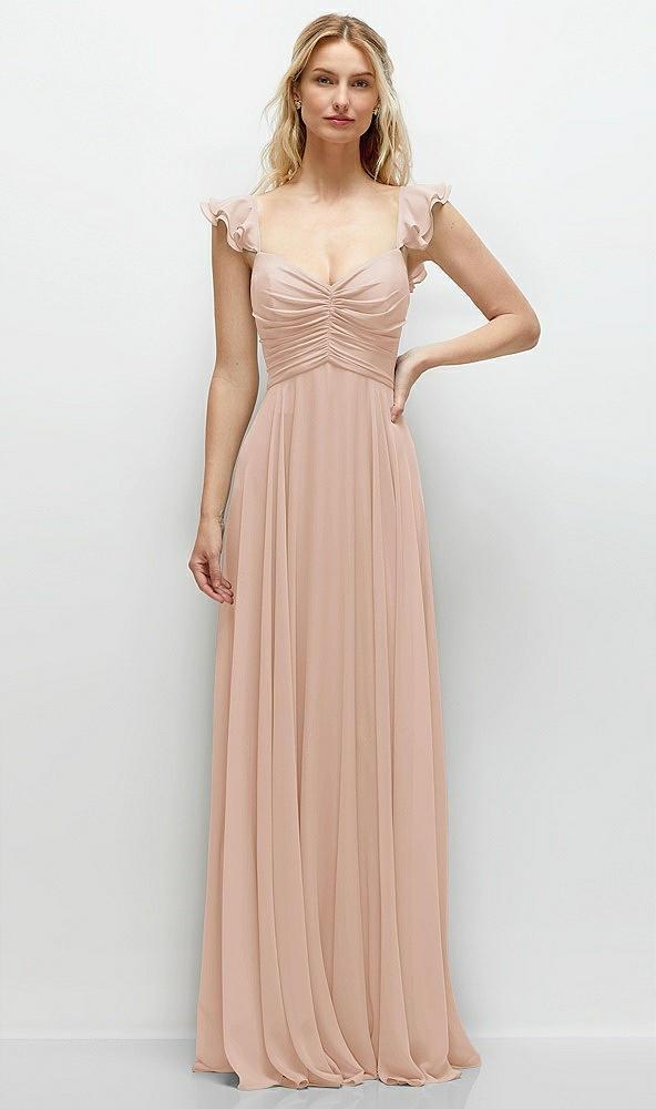 convertible ruffle strap chiffon maxi dress with full circle skirt