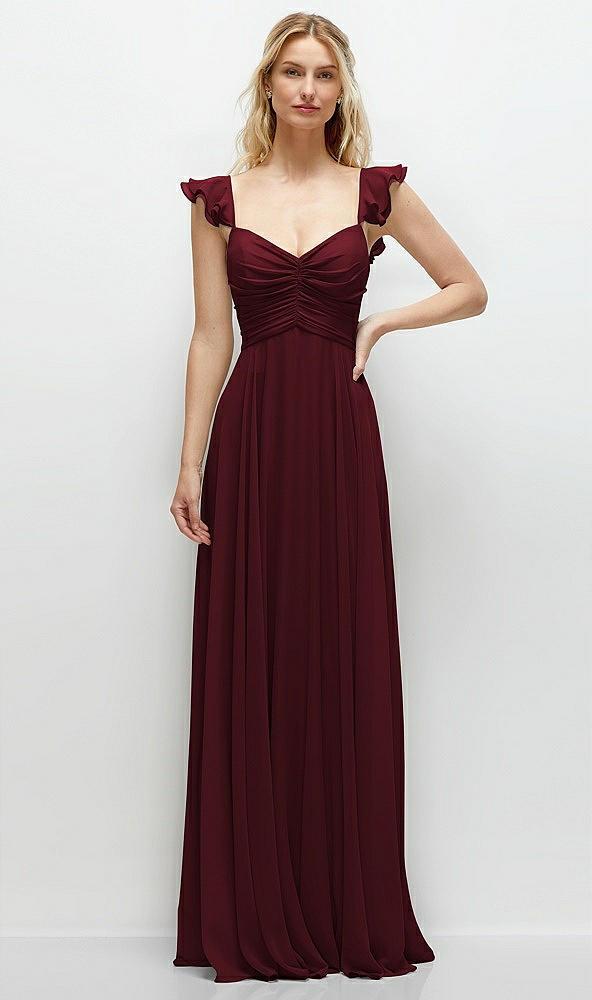 convertible ruffle strap chiffon maxi dress with full circle skirt