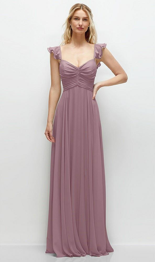 convertible ruffle strap chiffon maxi dress with full circle skirt