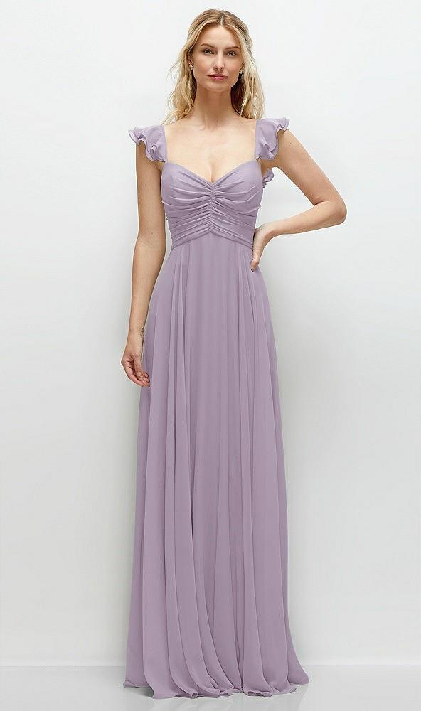 convertible ruffle strap chiffon maxi dress with full circle skirt