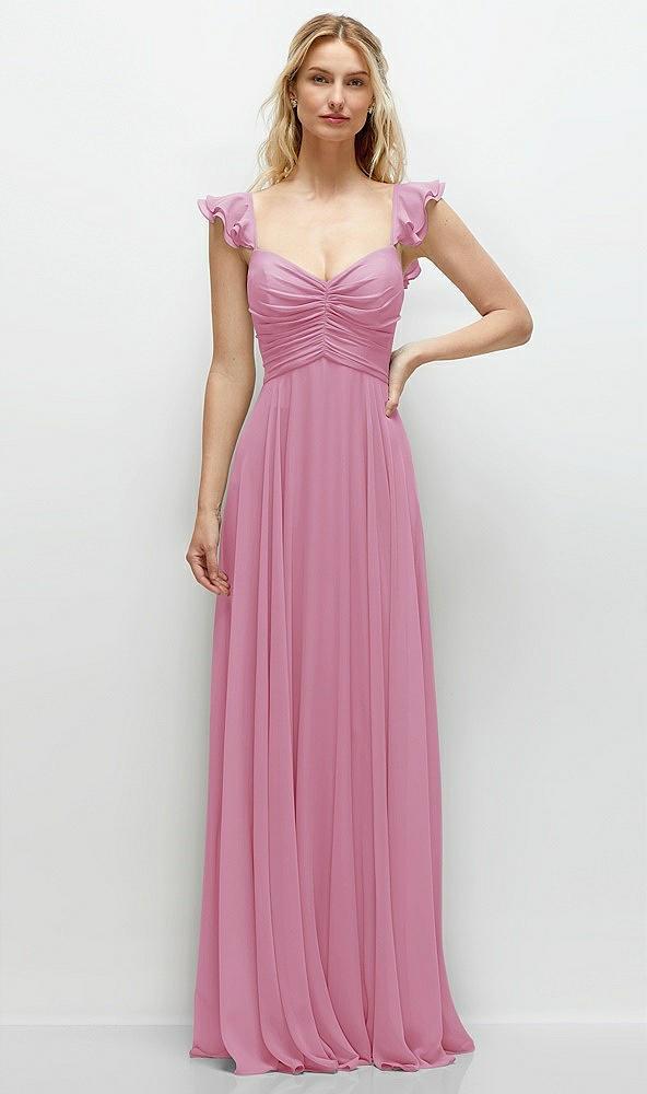 convertible ruffle strap chiffon maxi dress with full circle skirt
