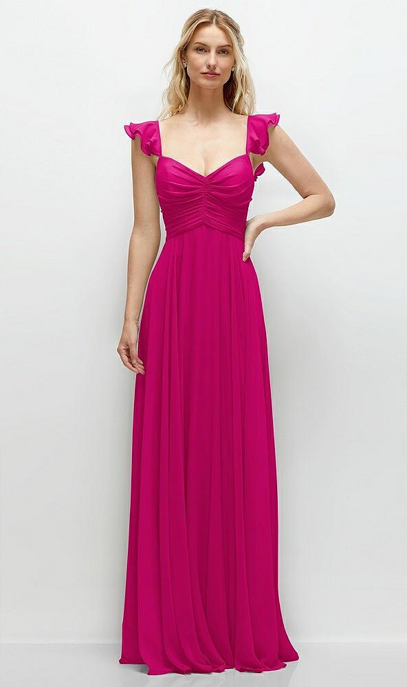 convertible ruffle strap chiffon maxi dress with full circle skirt