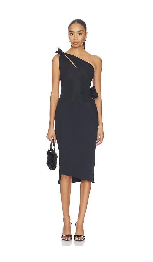 coperni asymmetric mini flower gown in black.
