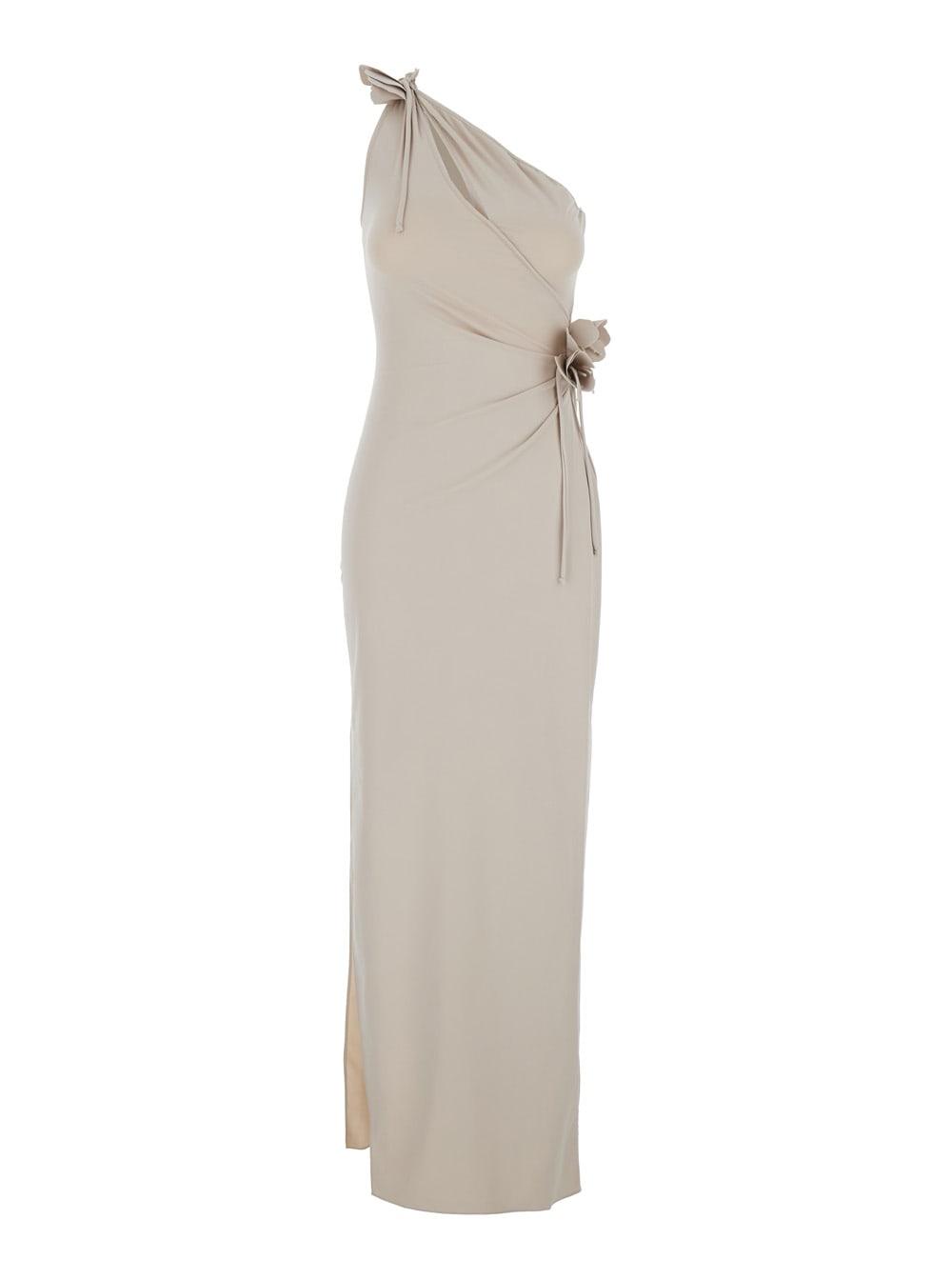 coperni beige asymmetric one-shoulder dress with flower detail and single side slit in tech fabric woman