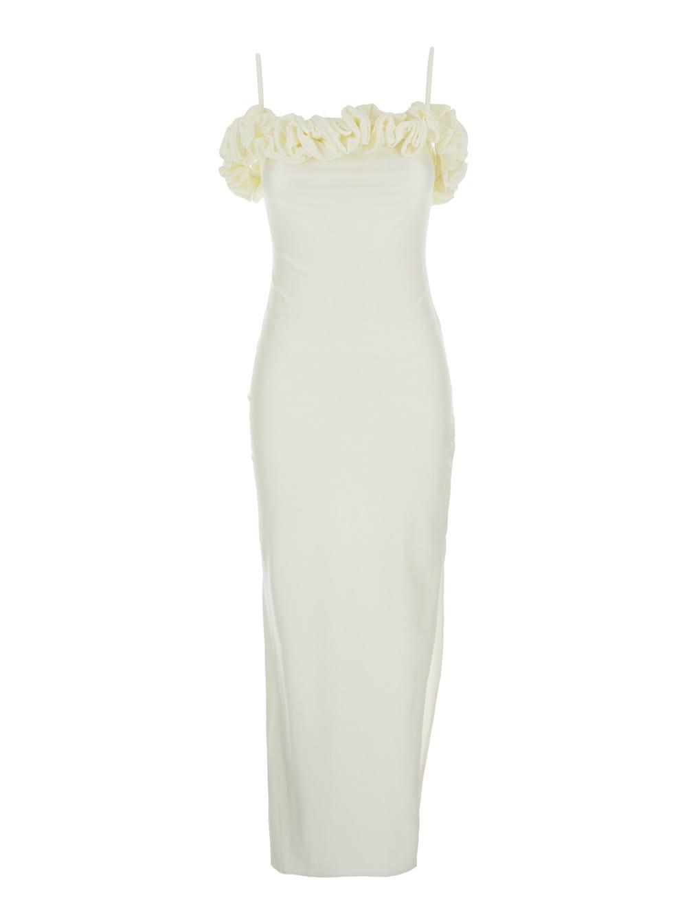 coperni white sleeveless long dress with ruched detail and asymmetric hem in tech fabric stretch woman