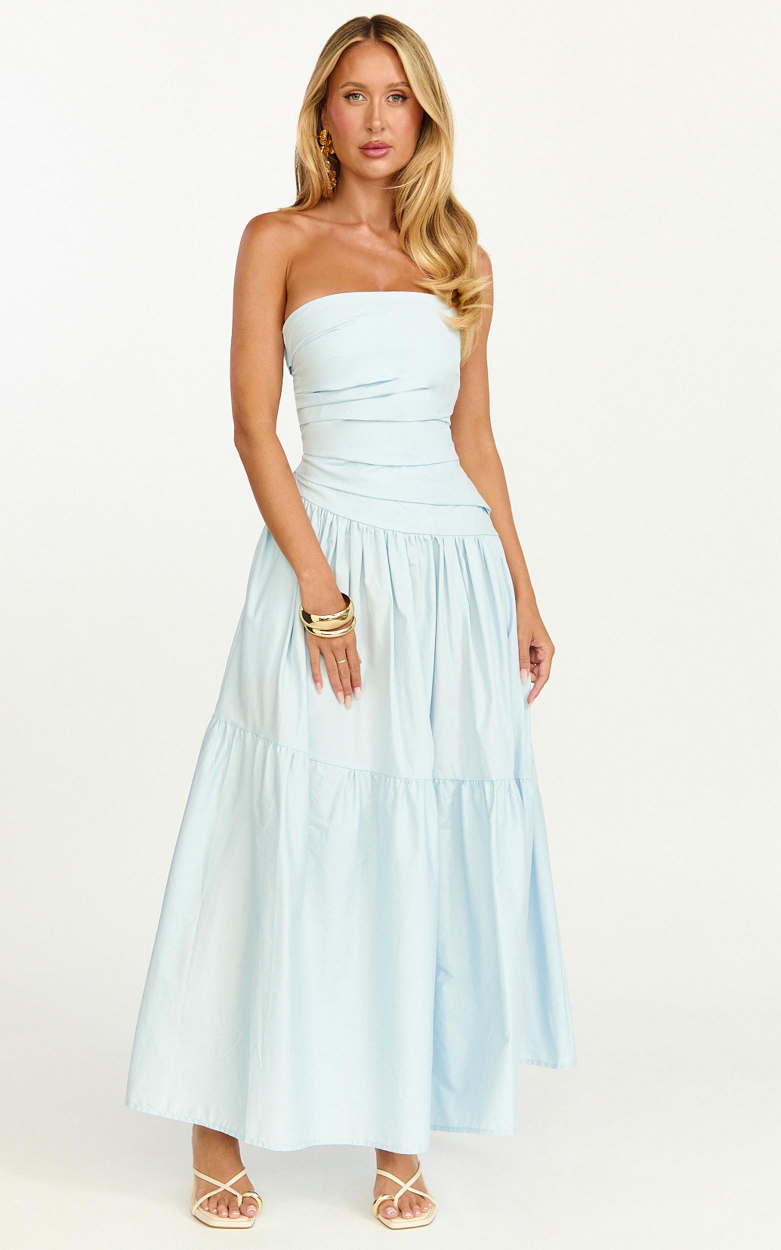 cora midi dress - strapless dress in blue