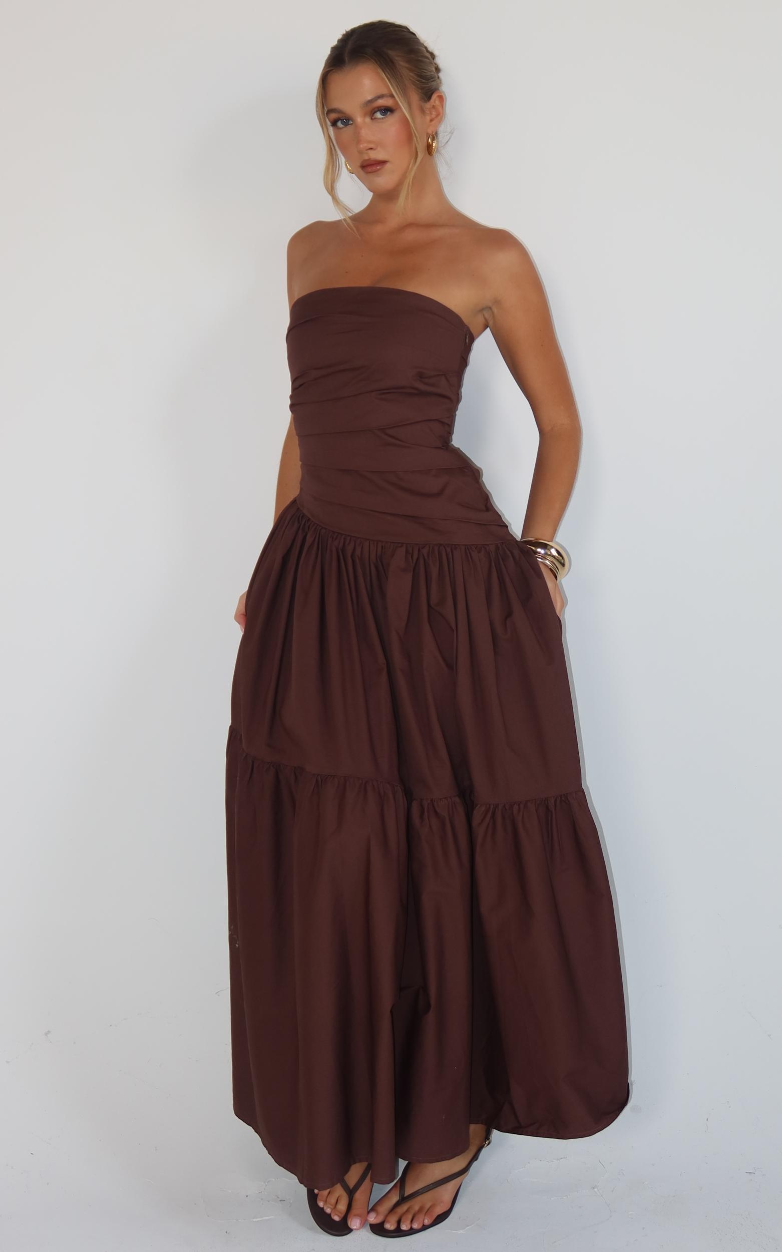cora midi dress - strapless dress in chocolate