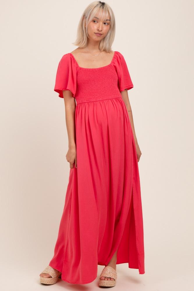 coral chambray smocked maternity maxi dress