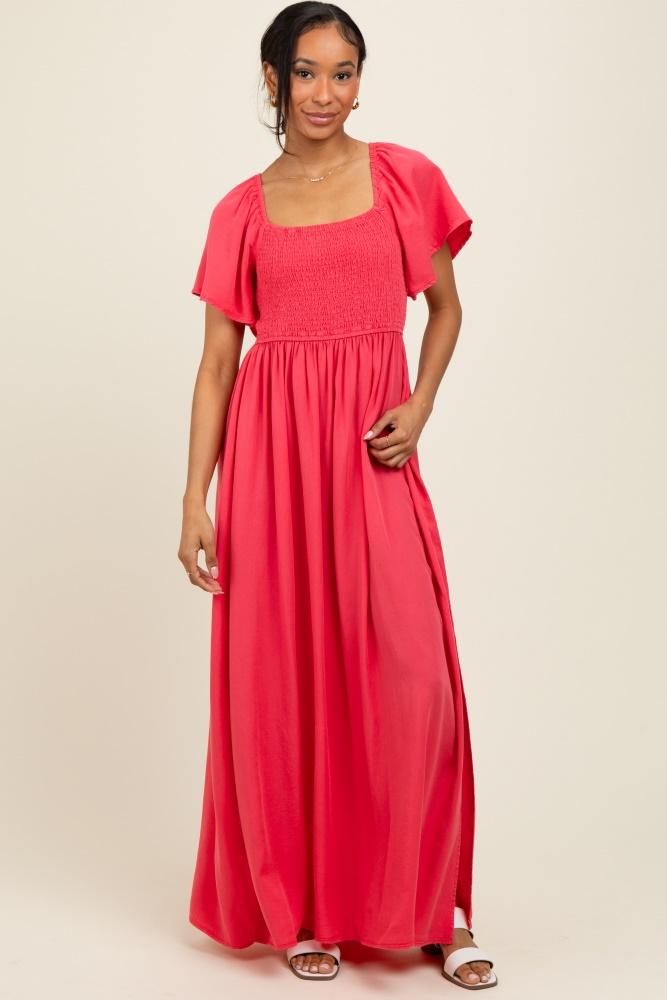 coral chambray smocked maxi dress