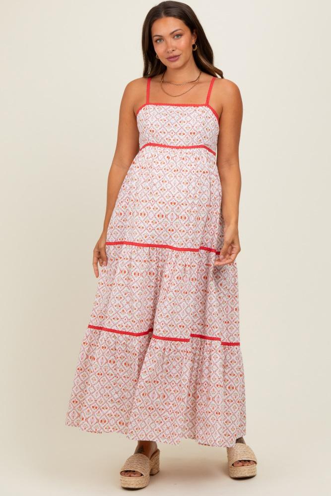 coral cotton floral maternity maxi dress