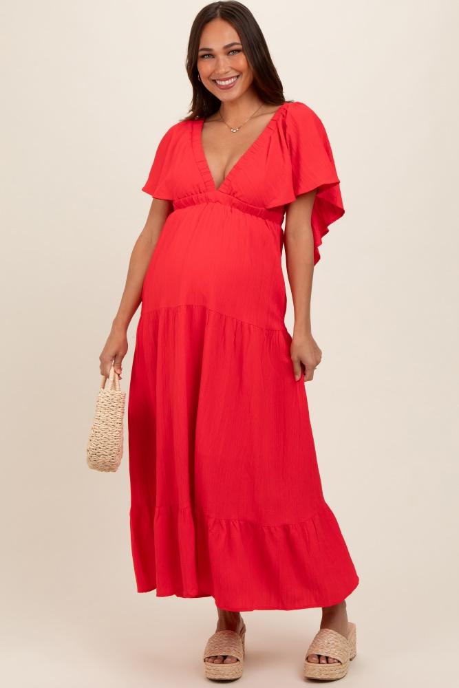coral deep v-neck flutter sleeve tiered maternity midi dress