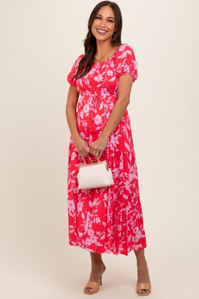 coral floral off shoulder puff sleeve maternity midi dress