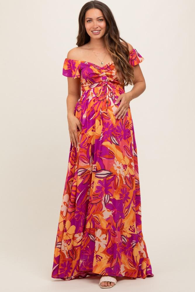 coral floral smocked off shoulder maternity maxi dress