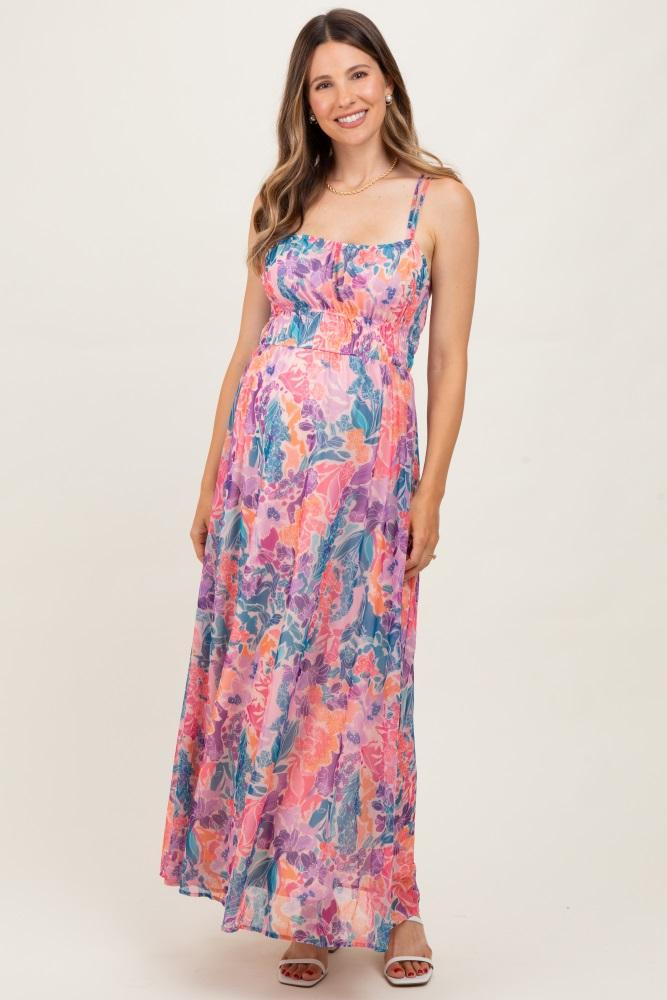 coral floral strappy back maternity maxi dress