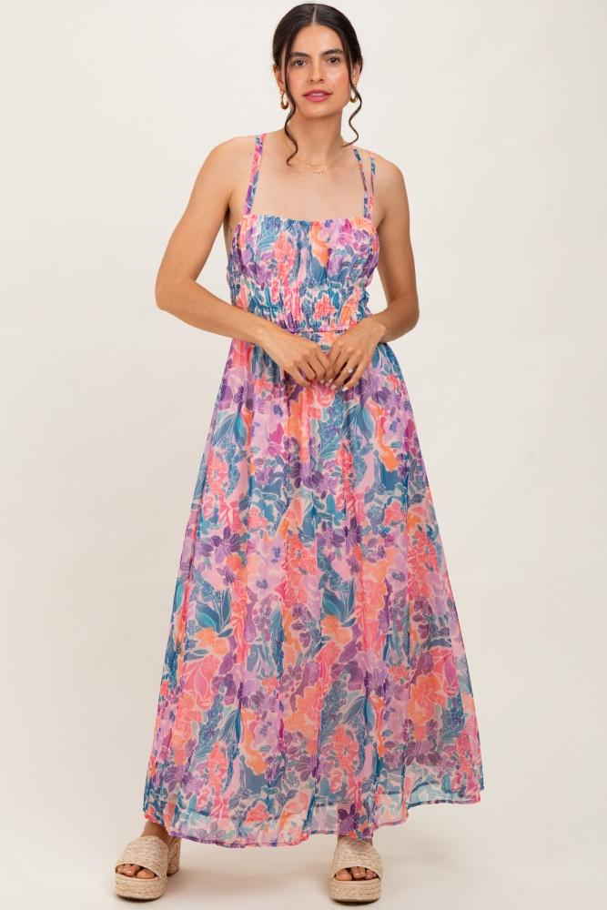 coral floral strappy back maxi dress