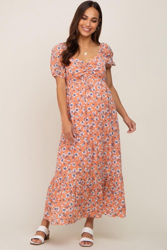 coral floral sweetheart drawstring neck short sleeve maternity midi dress