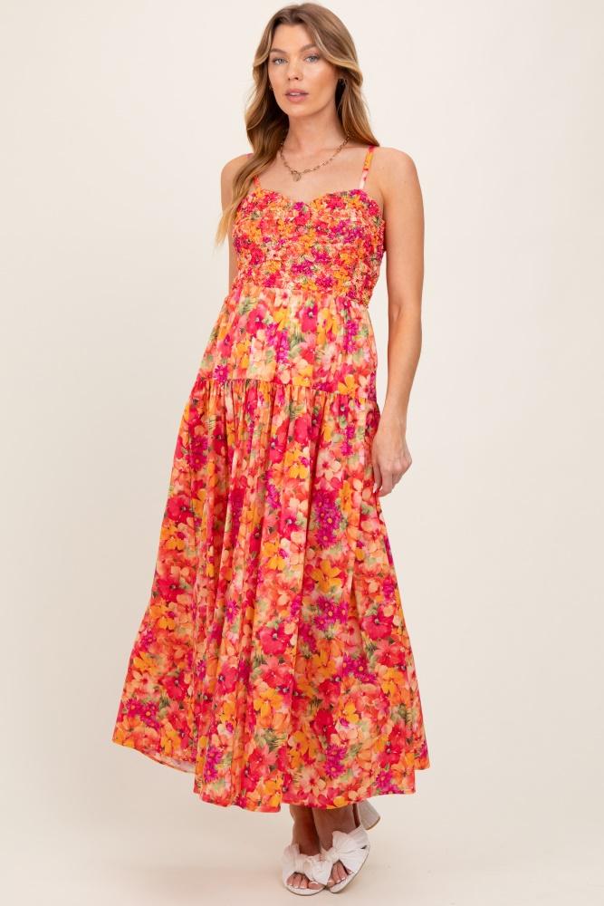 coral floral textured smocked maternity maxi dress