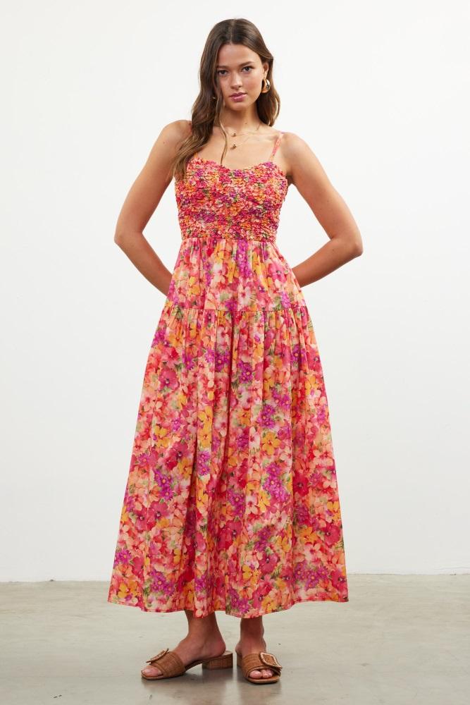 coral floral textured smocked maxi dress
