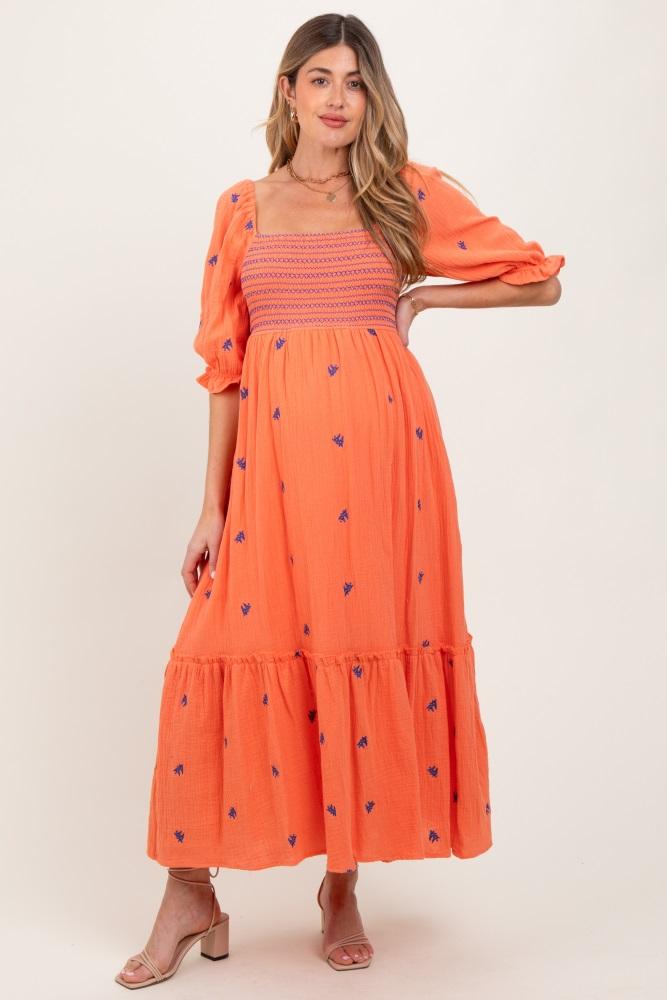 coral gauze smocked embroidered square neck maternity midi dress
