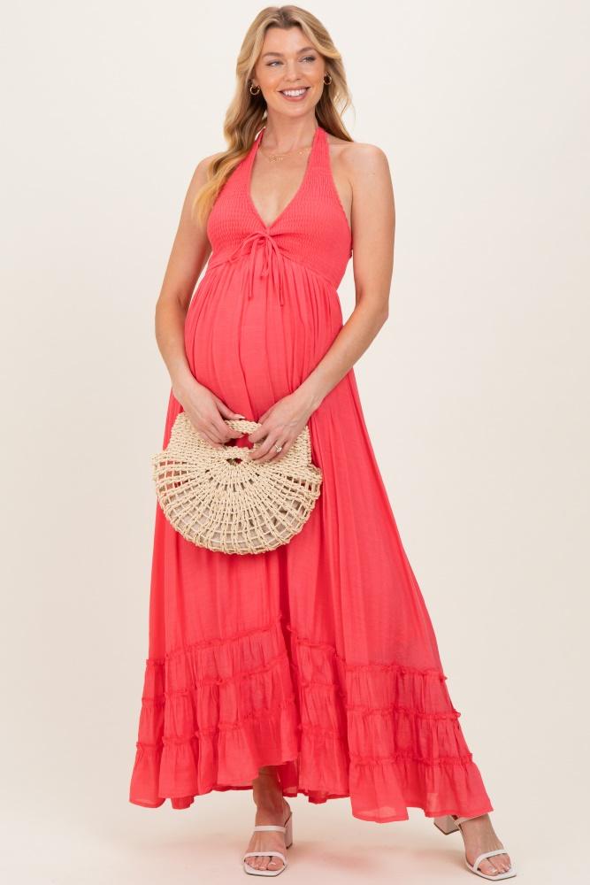 coral halter neck smocked maternity maxi dress
