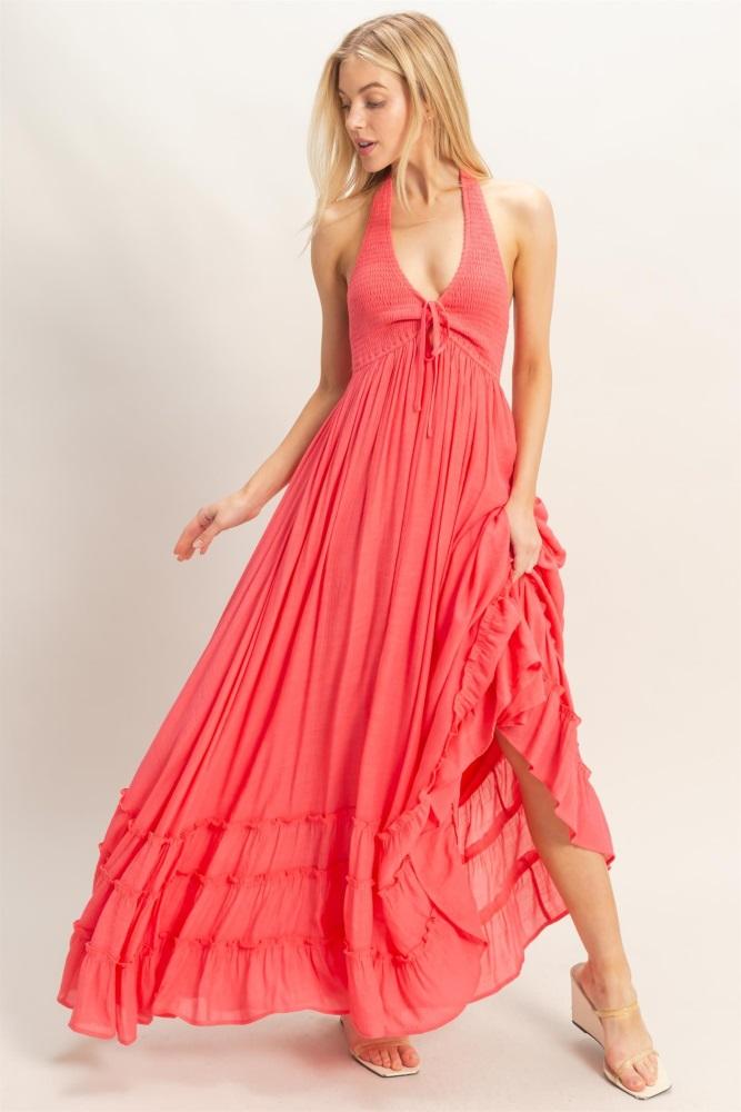coral halter neck smocked maxi dress