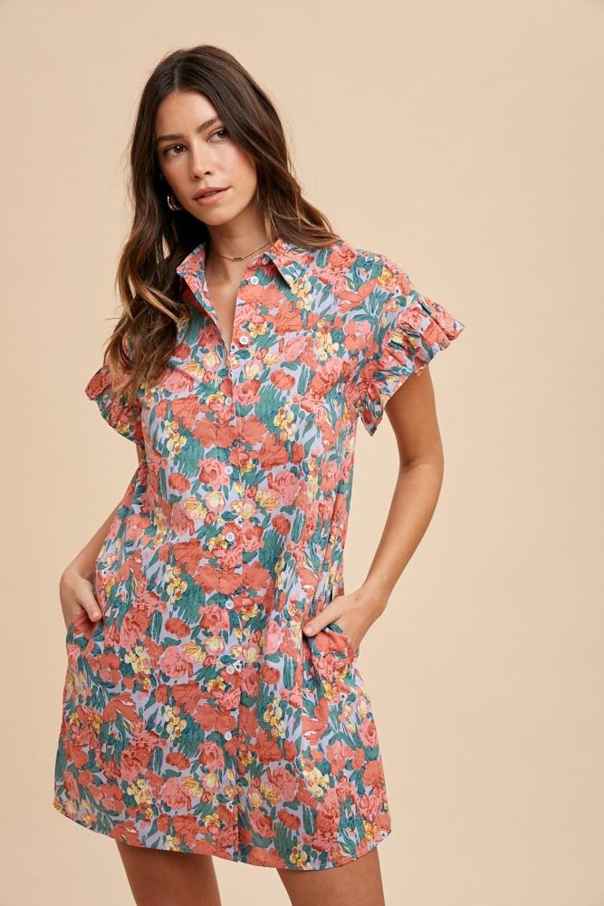 coral multi floral printed frill sleeve shirt mini dress
