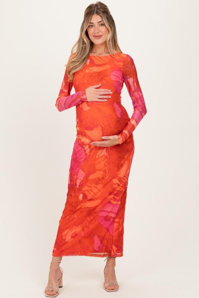 coral printed mesh open back maternity maxi dress