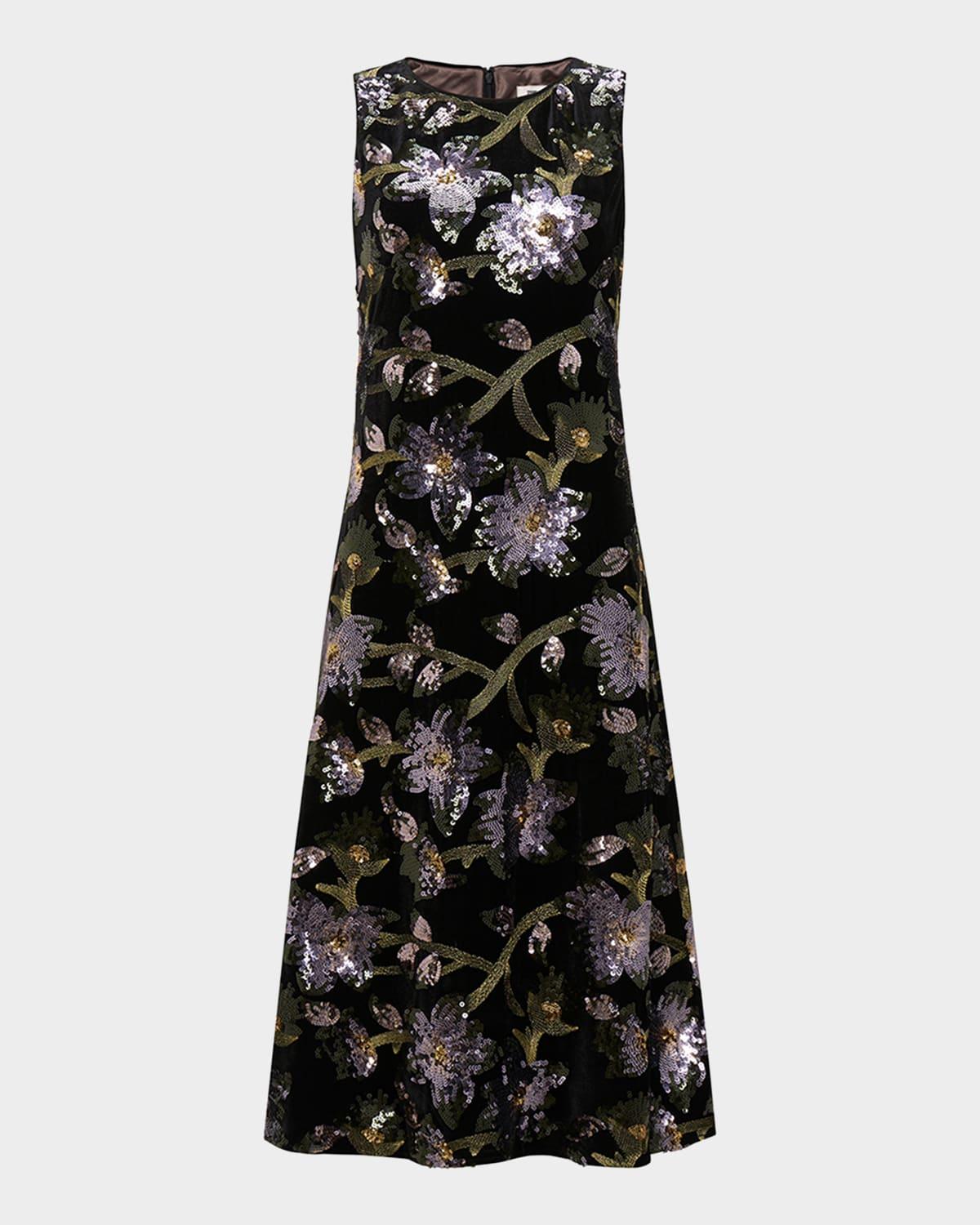 coral sleeveless sequin floral midi dress
