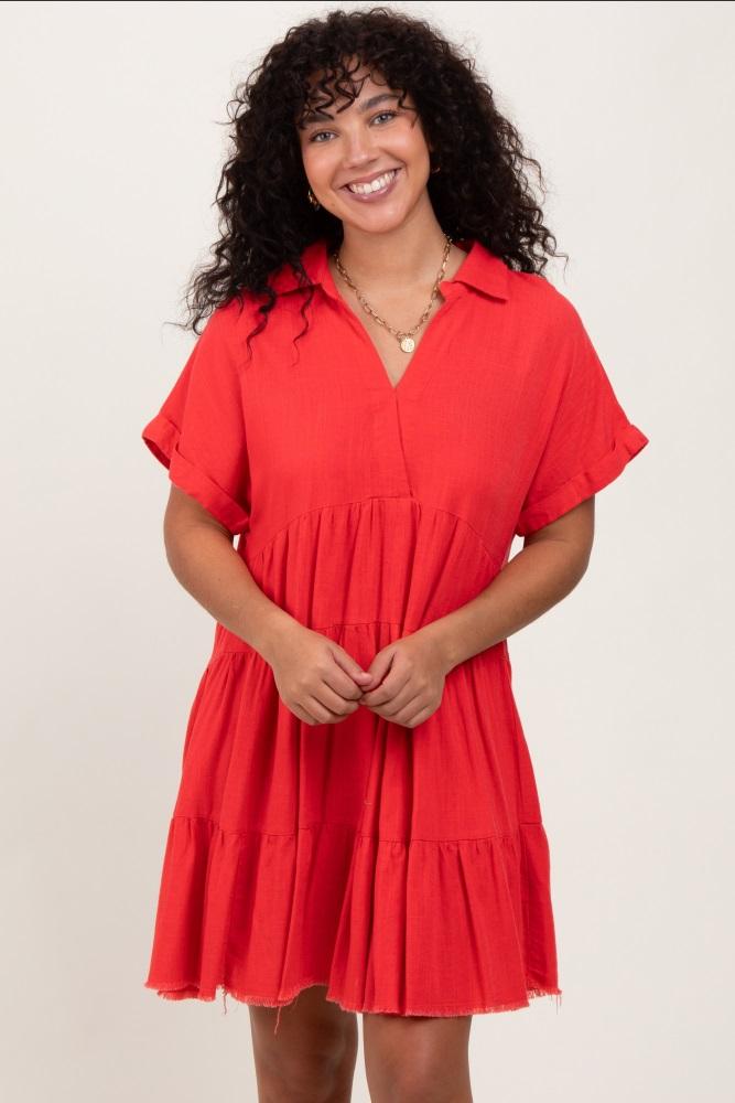 coral tiered linen dress