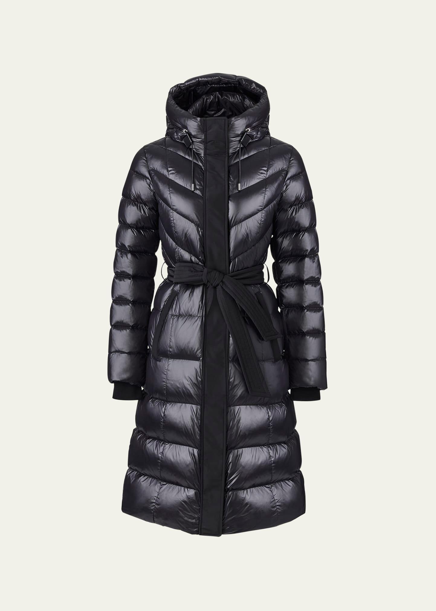 coralia lustrous light down coat with sash belt