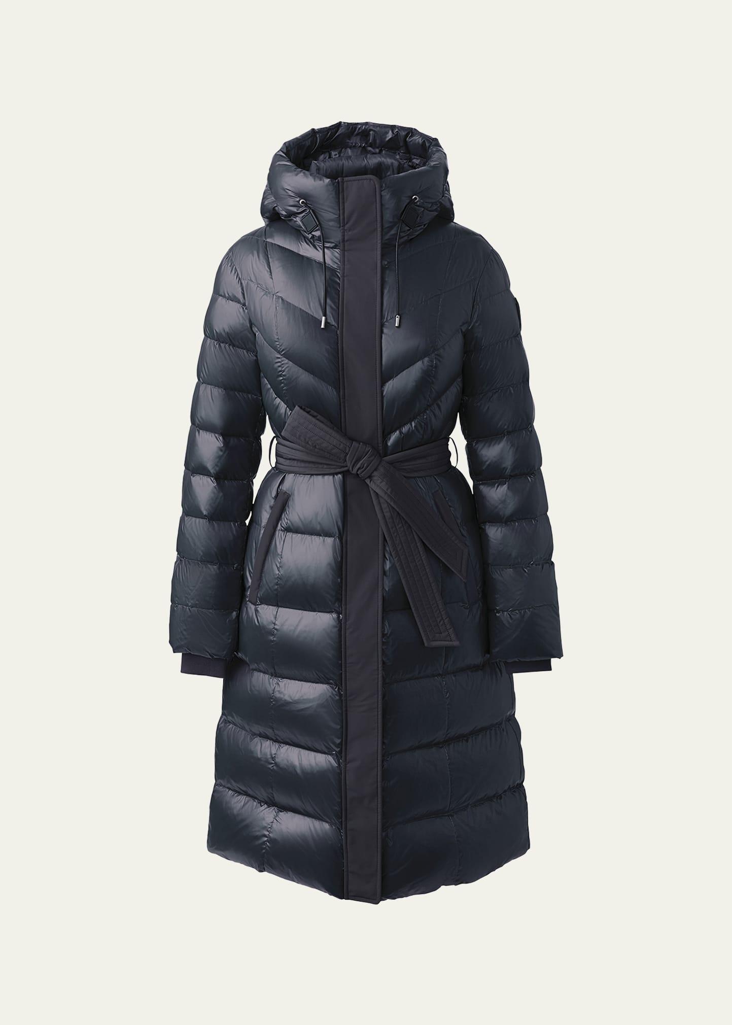 coralia lustrous light down coat with sash belt