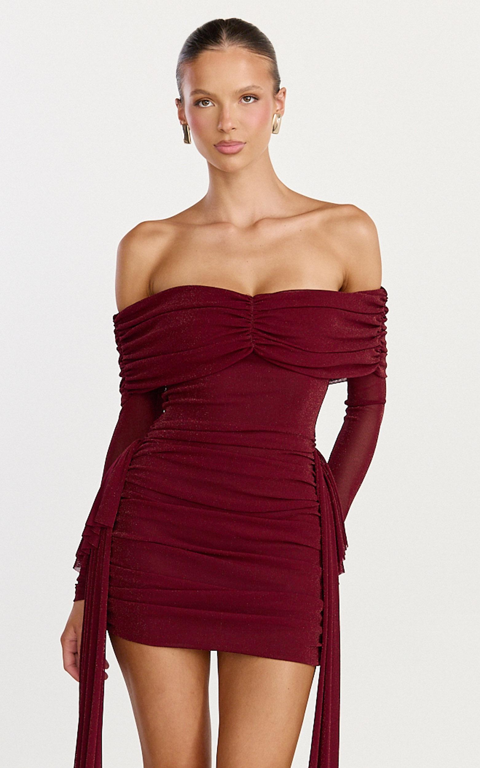 coraline mini dress - long sleeve off shoulder lurex mesh dress in wine