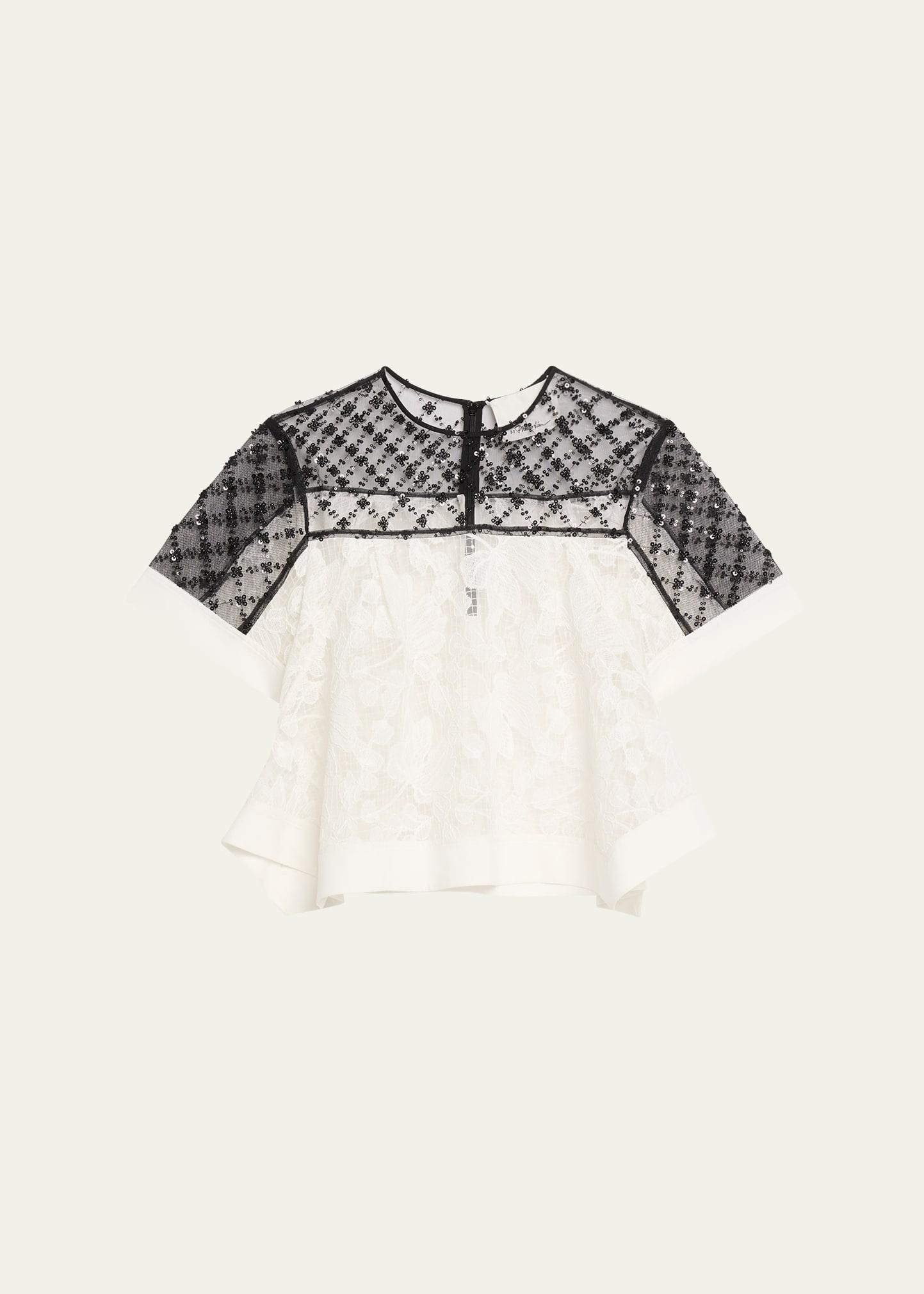 corded lace organza short-sleeve flounce top