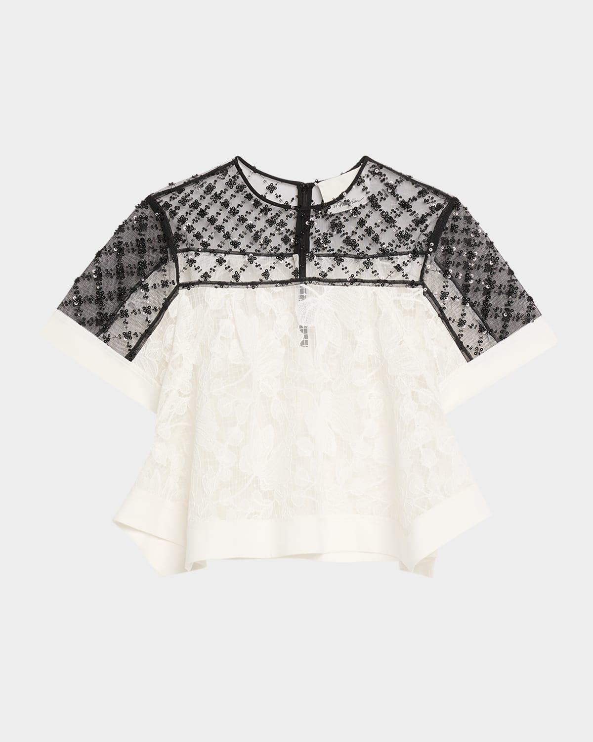 corded lace organza short-sleeve flounce top