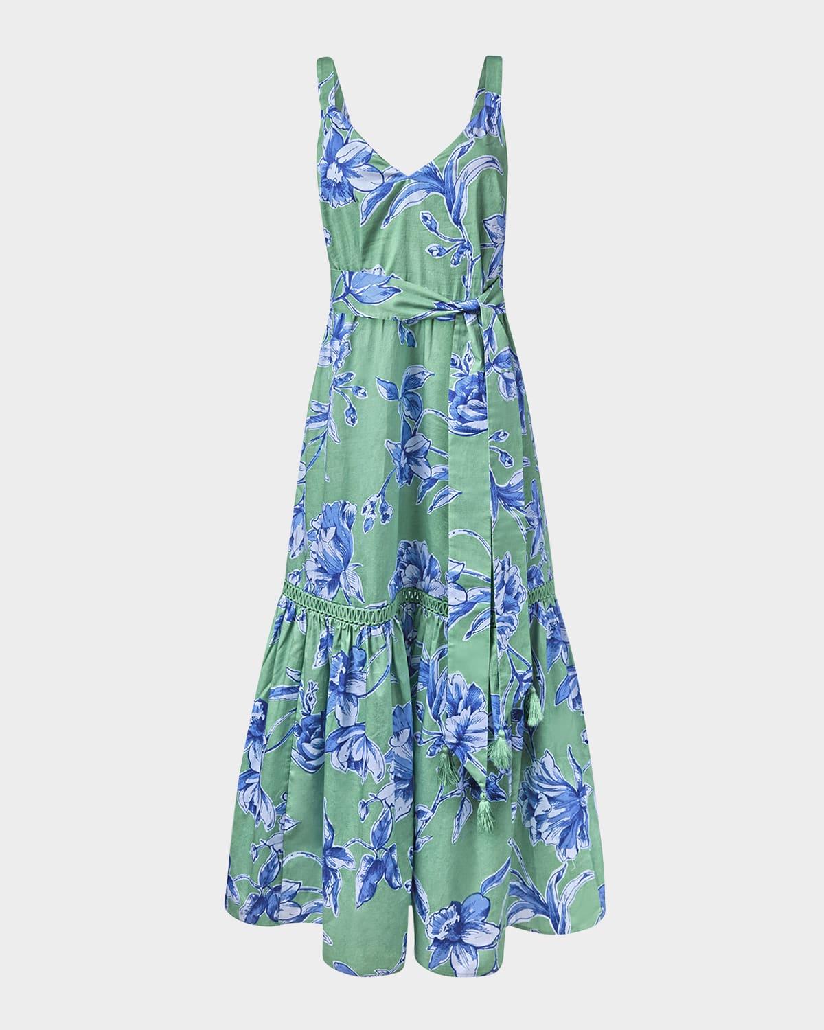 corinne floral-print belted sleeveless midi dress