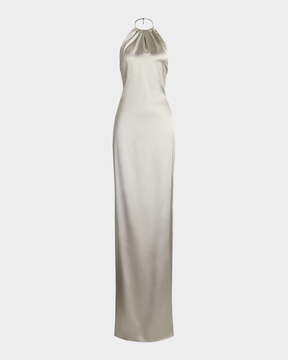 corra lux stretch satin sleeveless halter gown