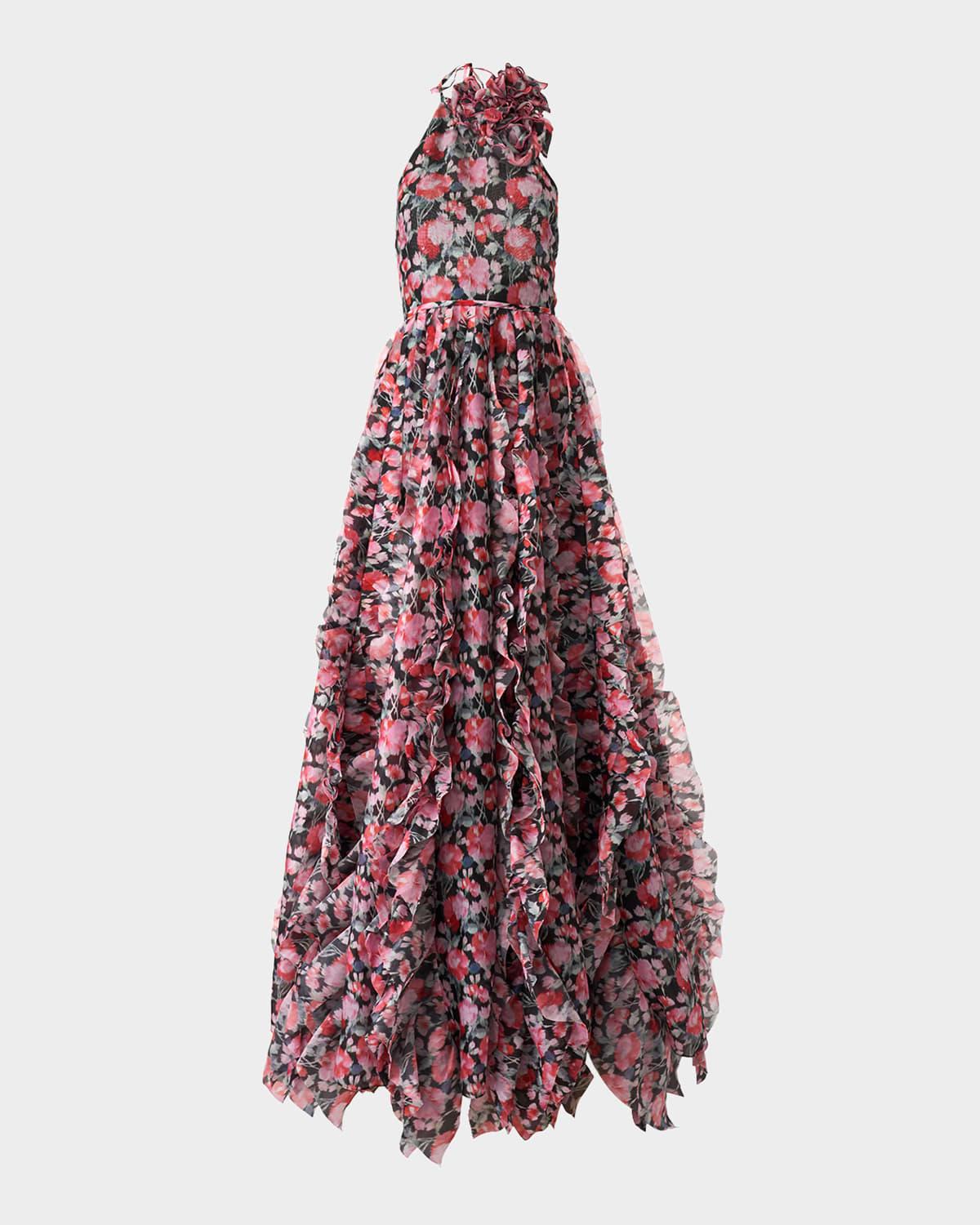 corsage halter floral ruffle gown
